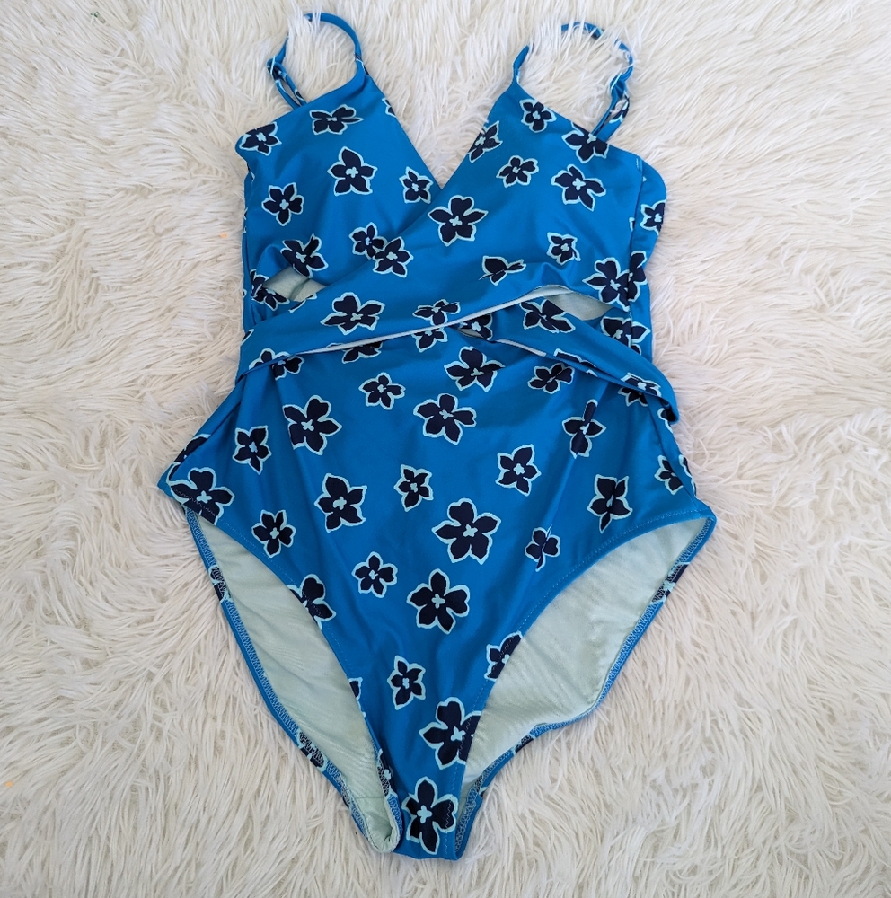 Women's Aerie One Piece Full Coverage Front Peekaboo Blue Swimsuit Medium